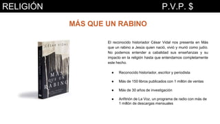MÁS QUE UN RABINO
El reconocido historiador César Vidal nos presenta en Más
que un rabino a Jesús quien nació, vivió y murió como judío.
No podemos entender a cabalidad sus enseñanzas y su
impacto en la religión hasta que entendamos completamente
este hecho.
● Reconocido historiador, escritor y periodista
● Más de 150 libros publicados con 1 millón de ventas
● Más de 30 años de investigación
● Anfitrión de La Voz, un programa de radio con más de
1 millón de descargas mensuales
RELIGIÓN P.V.P. $
 