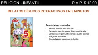 Características principales:
• Relatos bíblicos en 5 minutos
• Excelente para tiempo de devocional familiar
• Caracterizado por ilustraciones a cuatro colores
• Imágenes animadas
• Diseñada para crecer con la familia
RELATOS BÍBLICOS INTERACTIVOS EN 5 MINUTOS
RELIGIÓN - INFANTIL P.V.P. $ 12.99
 