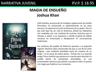 NARRATIVA JUVENIL P.V.P. $ 18.95
MAGIA DE ENSUEÑO
Joshua Khan
Lilith Sombra, princesa de las tinieblas y gobernante de Castillo
Penumbra, ha comenzado su adiestramiento en las artes
oscuras y la nigromancia junto al fantasma de su padre. Pero la
paz está lejos de ser real en Gehenna, donde los habitantes
son asediados por una multitud de muertos vivientes que se
rehúsan a volver a sus sepulcros, y donde la gente de aldeas
cercanas ha comenzado a desaparecer en circunstancias
misteriosas.
Los reclamos del pueblo de Gehenna apuntan a su pequeña
regente. Muchos están convencidos de que su uso de las artes
mágicas —por tradición prohibido entre las mujeres de su
linaje— es la causa de tantas penas… Pronto Lily y su querido
amigo Thorn tendrán que ponerse en marcha para descubrir la
verdad detrás de semejantes atrocidades, en una
emocionante aventura que pondrá a prueba el valor, la justicia
y la magia que habita en sus corazones.
 
