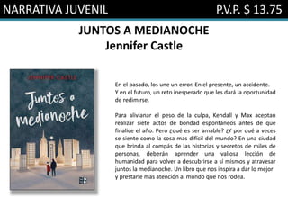 NARRATIVA JUVENIL P.V.P. $ 13.75
JUNTOS A MEDIANOCHE
Jennifer Castle
En el pasado, los une un error. En el presente, un accidente.
Y en el futuro, un reto inesperado que les dará la oportunidad
de redimirse.
Para alivianar el peso de la culpa, Kendall y Max aceptan
realizar siete actos de bondad espontáneos antes de que
finalice el año. Pero ¿qué es ser amable? ¿Y por qué a veces
se siente como la cosa mas difícil del mundo? En una ciudad
que brinda al compás de las historias y secretos de miles de
personas, deberán aprender una valiosa lección de
humanidad para volver a descubrirse a sí mismos y atravesar
juntos la medianoche. Un libro que nos inspira a dar lo mejor
y prestarle mas atención al mundo que nos rodea.
 