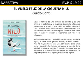 NARRATIVA P.V.P. $ 19.99
EL VUELO FELIZ DE LA CIGÜEÑA NILÚ
Guido Conti
Lleva el nombre de una princesa de Oriente, y de una
princesa es su belleza y su elegancia. La cigüeña Nilú nunca
ha conocido a su padre, pero todas las noches escucha el
canto de amor de su madre dedicado a su compañero, que
un día voló del nido y nunca regresó. Ahora le toca a ella
alzar el vuelo y conocer la experiencia del viaje y la
migración.
Nilú está muy excitada con la idea de partir hacia ese lugar
lejano, la tierra de los grandes árboles, el África inmensa.
Pero no imagina lo que va a vivir, con las alas como única
arma y salvación: la ebriedad del vuelo, la angustia de la
soledad, el miedo al enemigo. Y también el estupor ante los
encuentros y la melancolía que dejan las despedidas, la
alegría trepidante de la espera y la dulzura del regreso.
 