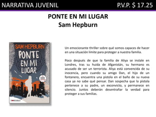 NARRATIVA JUVENIL P.V.P. $ 17.25
PONTE EN MI LUGAR
Sam Hepburn
Un emocionante thriller sobre qué somos capaces de hacer
en una situación límite para proteger a nuestra familia.
Poco después de que la familia de Aliya se instale en
Londres, tras su huida de Afganistán, su hermano es
acusado de ser un terrorista. Aliya está convencida de su
inocencia, pero cuando su amigo Dan, el hijo de un
fontanero, encuentra una pistola en el baño de su nueva
casa ya no sabe qué pensar. Dan sospecha que la pistola
pertenece a su padre, un exconvicto, y permanece en
silencio. Juntos deberán desentrañar la verdad para
proteger a sus familias.
 