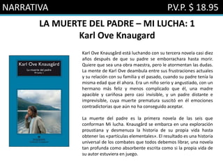 NARRATIVA P.V.P. $ 18.95
LA MUERTE DEL PADRE – MI LUCHA: 1
Karl Ove Knaugard
Karl Ove Knausgård está luchando con su tercera novela casi diez
años después de que su padre se emborrachara hasta morir.
Quiere que sea una obra maestra, pero le atormentan las dudas.
La mente de Karl Ove deambula entre sus frustraciones actuales
y su relación con su familia y el pasado, cuando su padre tenía la
misma edad que él ahora. Era un niño serio y angustiado, con un
hermano más feliz y menos complicado que él, una madre
apacible y cariñosa pero casi invisible, y un padre distante e
imprevisible, cuya muerte prematura suscitó en él emociones
contradictorias que aún no ha conseguido aceptar.
La muerte del padre es la primera novela de las seis que
conforman Mi lucha. Knausgård se embarca en una exploración
proustiana y desmenuza la historia de su propia vida hasta
obtener las «partículas elementales». El resultado es una historia
universal de los combates que todos debemos librar, una novela
tan profunda como absorbente escrita como si la propia vida de
su autor estuviera en juego.
 