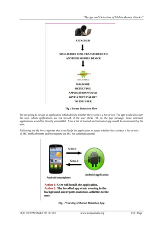 “Design and Detection of Mobile Botnet Attacks”
DOI: 10.9790/0661-1761113118 www.iosrjournals.org 116 | Page
Fig : Botnet Detection Flow
We are going to design an application which detects whether the system is a bot or not. The app would also alert
the user, which applications are not trusted, if the user clicks OK on the pop message, those untrusted
applications would be directly uninstalled. Also a list of trusted and untrusted app would be maintained by the
user.
Following are the few symptoms that would help the application to detect whether the system is a bot or not :
1) IRC traffic (botnets and bot masters use IRC for communications)
Fig. : Working of Botnet Detection App
 