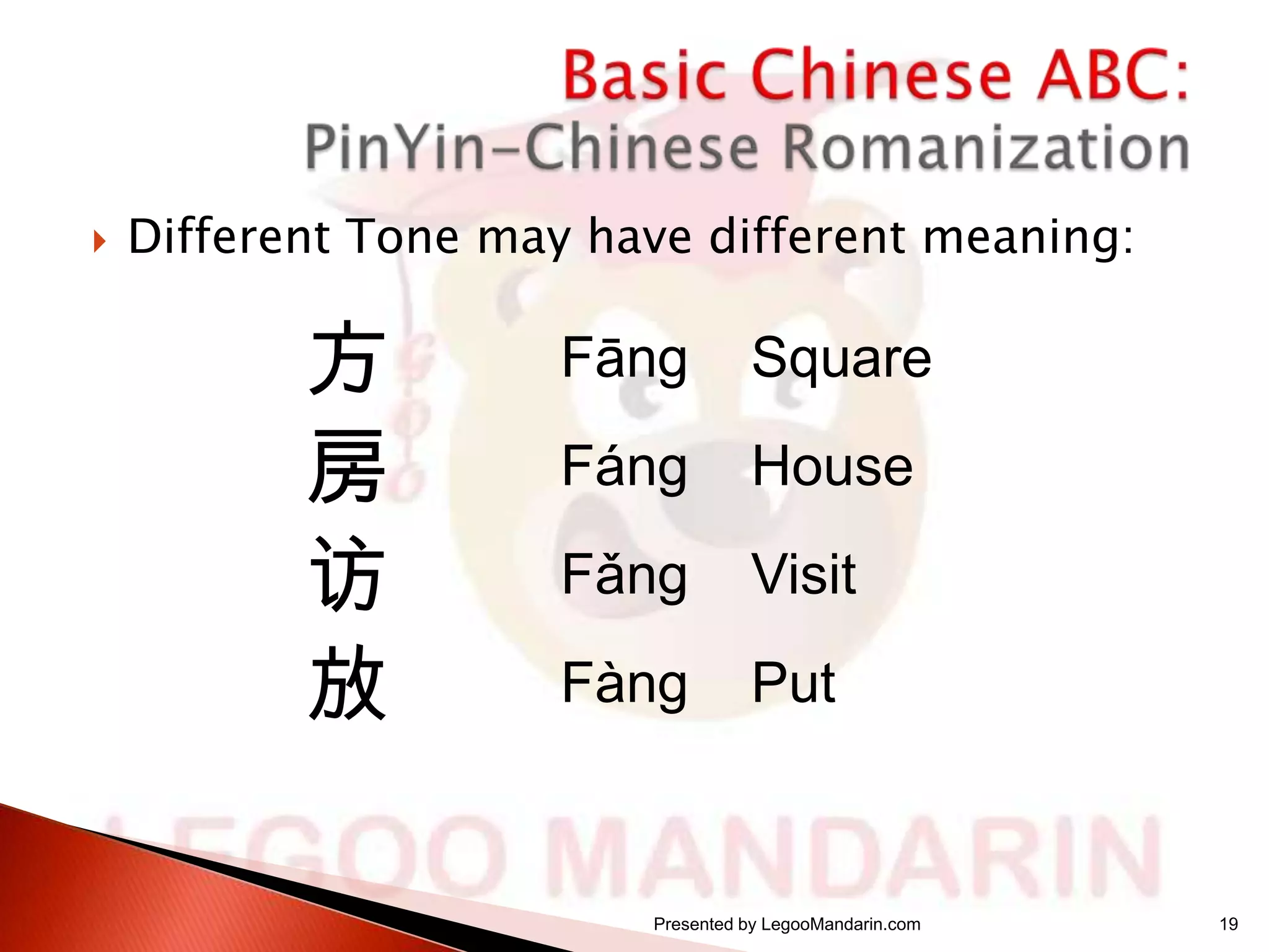 

Different Tone may have different meaning:

方
房
访
放

Fāng

Square

Fáng

House

Fǎng

Visit

Fàng

Put

Presented by LegooMandarin.com

19

 