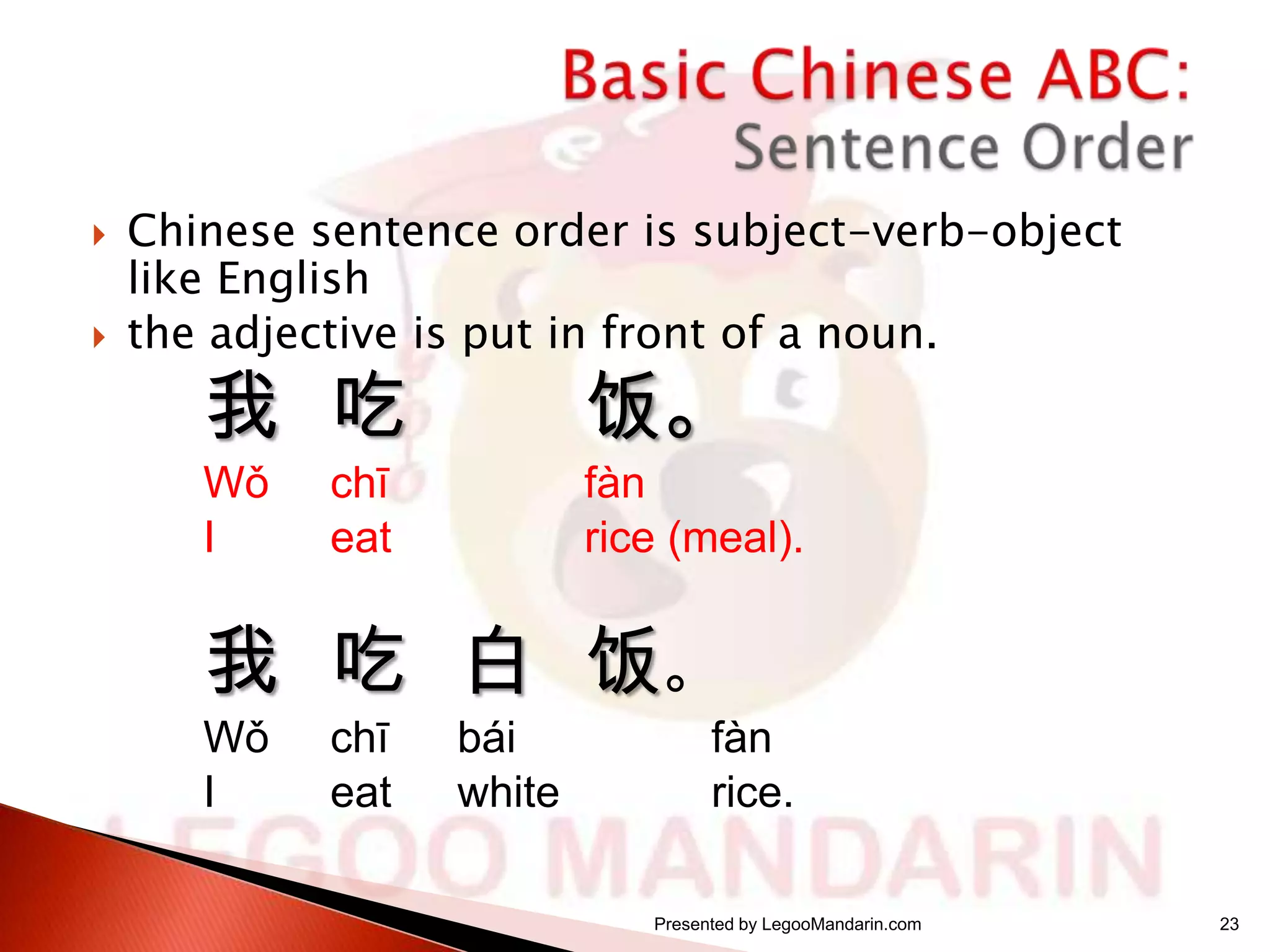 



Chinese sentence order is subject-verb-object
like English
the adjective is put in front of a noun.

我 吃

饭。

Wǒ
I

fàn
rice (meal).

chī
eat

我 吃 白 饭。
Wǒ
I

chī
eat

bái
white

fàn
rice.
Presented by LegooMandarin.com

23

 