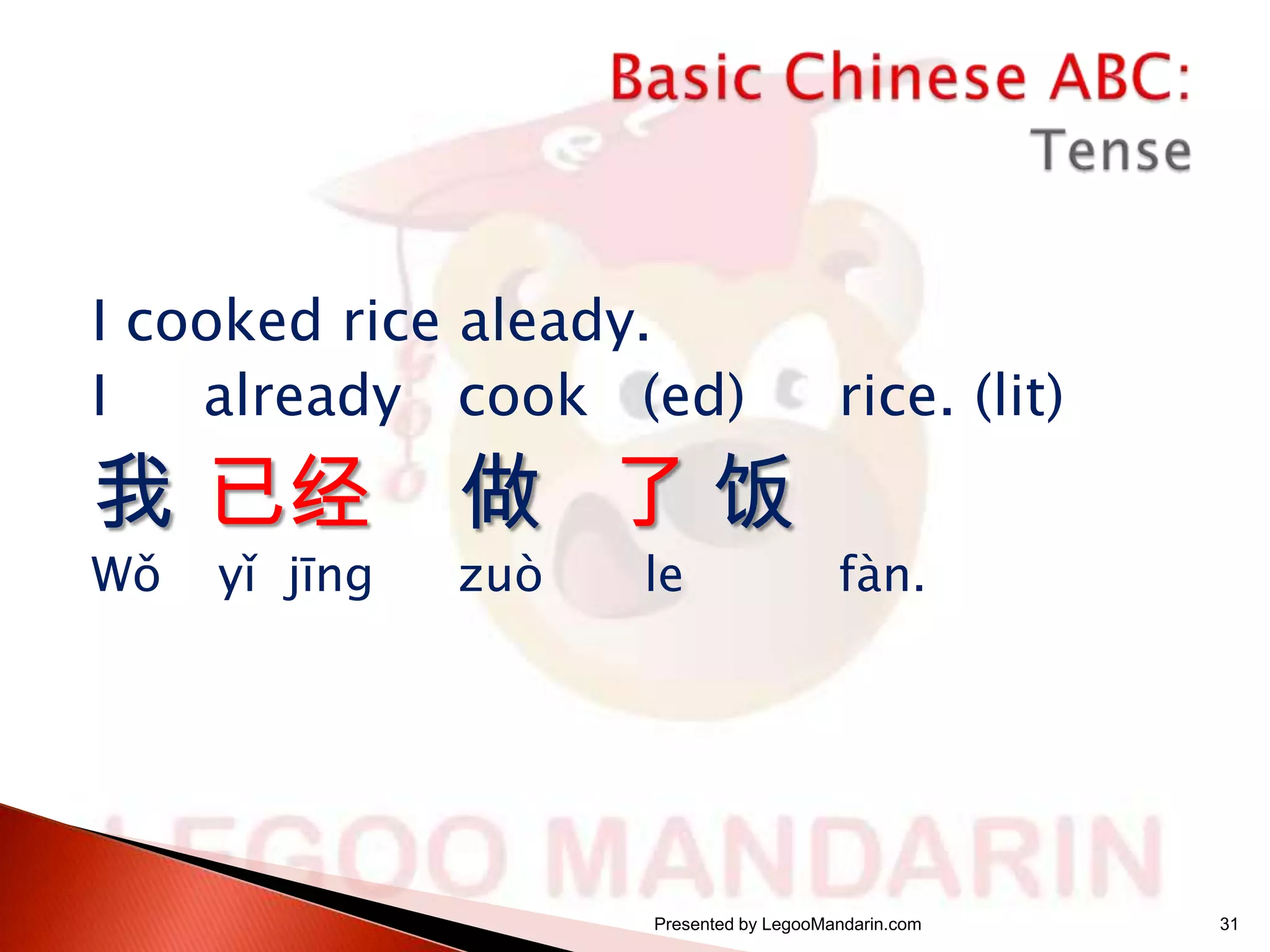I cooked rice aleady.
I
already cook (ed)

我 已经
Wǒ

yǐ jīng

做 了饭
zuò

le

rice. (lit)
fàn.

Presented by LegooMandarin.com

31

 