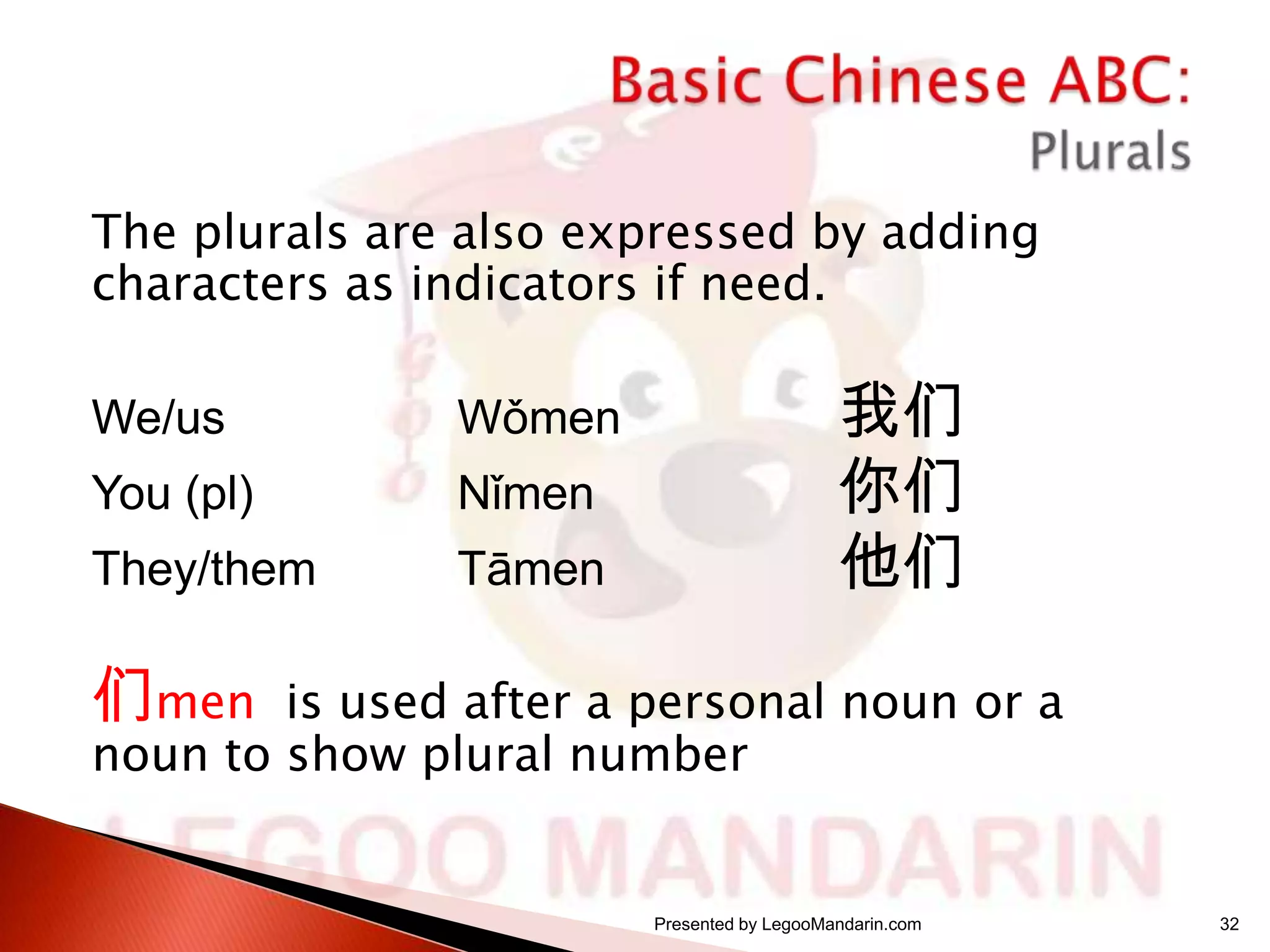 The plurals are also expressed by adding
characters as indicators if need.
We/us

Wǒmen

You (pl)

Nǐmen

They/them

Tāmen

我们
你们
他们

们men

is used after a personal noun or a
noun to show plural number

Presented by LegooMandarin.com

32

 