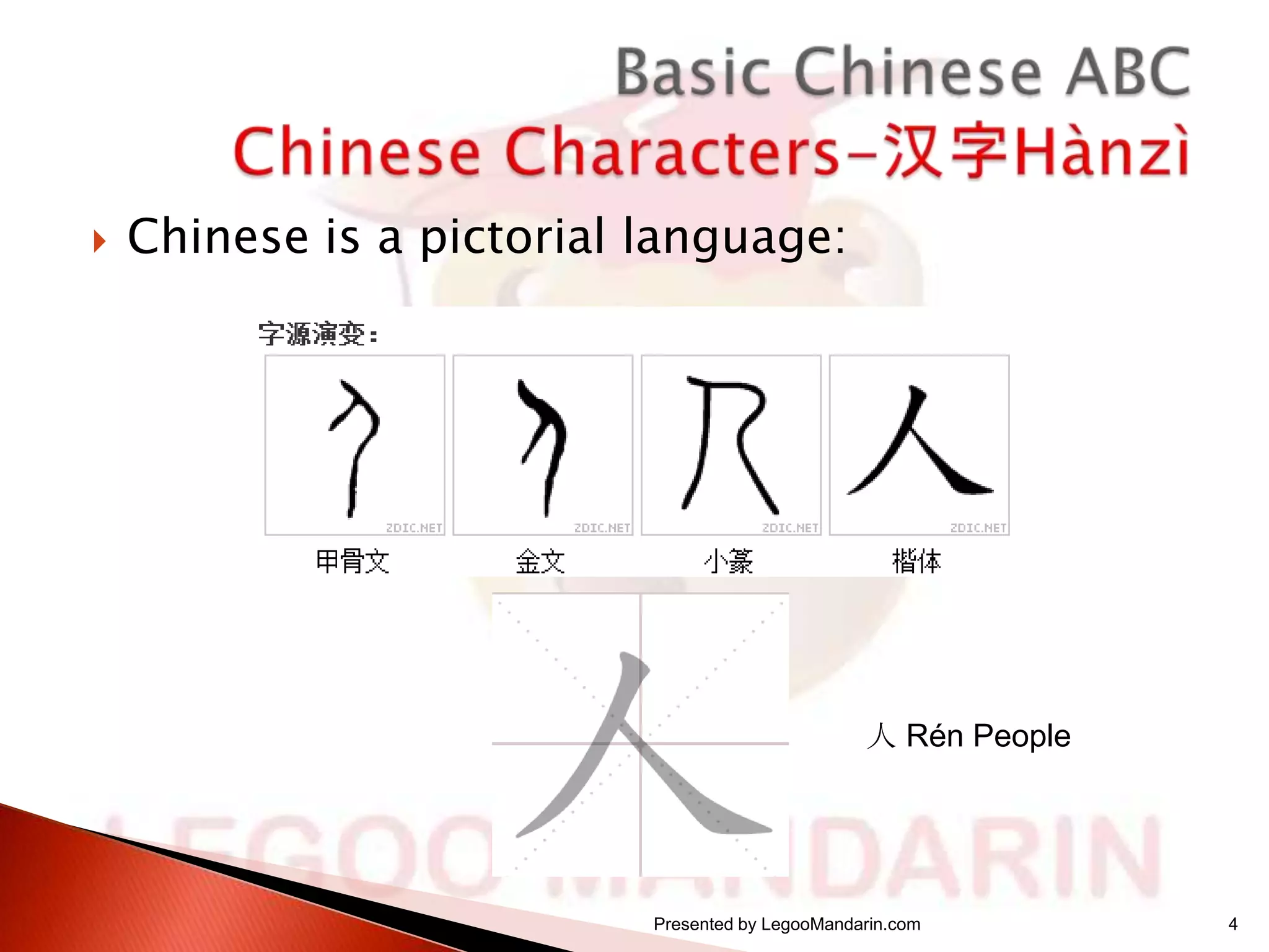 

Chinese is a pictorial language:

人 Rén People

Presented by LegooMandarin.com

4

 