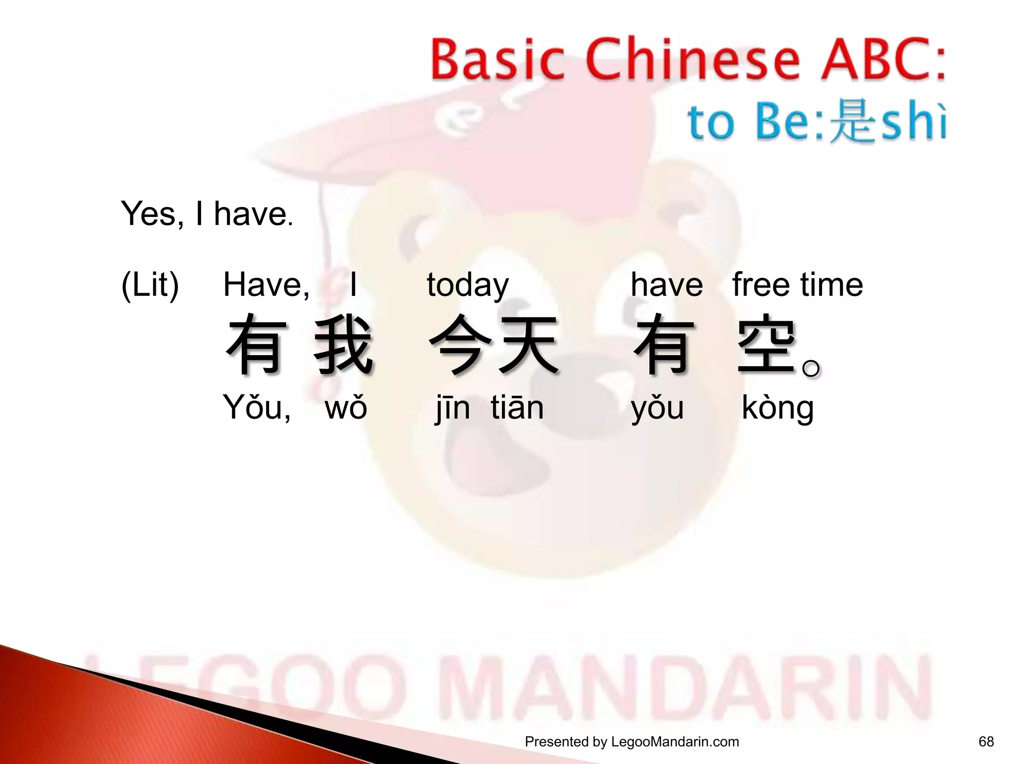 Yes, I have.
(Lit)

Have,

I

today

have free time

jīn tiān

yǒu

有 我 今天
Yǒu, wǒ

有 空。

Presented by LegooMandarin.com

kòng

68

 