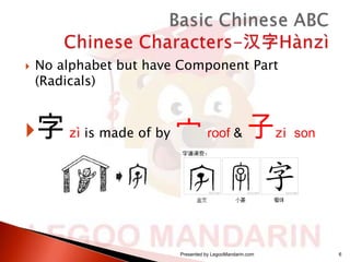 

No alphabet but have Component Part
(Radicals)

字 zì is made of by 宀 roof & 子zi

Presented by LegooMandarin.com

son

6

 