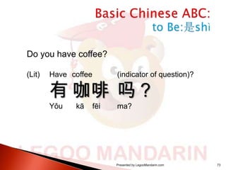 Do you have coffee?
(Lit)

Have coffee

(indicator of question)?

有 咖啡 吗？
Yǒu

kā

fēi

ma?

Presented by LegooMandarin.com

73

 