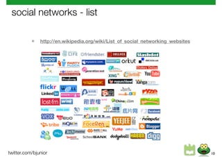 social networks - list

           ✴   http://en.wikipedia.org/wiki/List_of_social_networking_websites




twitter.com/bjunior                                                              10
 