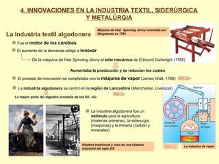 La industria textil algodonera
Hiladora tradicional y vista de una hiladora
industrial del siglo XIX
DOC. 12
DOC. 4
Máquina de hilar Spinning Jenny inventada por
Hargreaves en 1764
Fue el motor de los cambios
El aumento de la demanda obligó a innovar
De la máquina de hilar Spinning Jenny al telar mecánico de Edmund Cartwright (1785)
Aumentaba la producción y se reducían los costes
El proceso de innovación se completaba con la máquina de vapor (James Watt, 1769)
La máquina de vapor
La industria algodonera se centró en la región de Lancashire (Manchester, Liverpool)
La mayor parte del algodón procedía de los EE. UU.
La industria algodonera fue un
estímulo para la agricultura
(materias primeras), la siderurgia
(maquinas) y la minería (carbón y
minerales)
DOC.12
4. INNOVACIONES EN LA INDUSTRIA TEXTIL, SIDERÚRGICA
Y METALÚRGIA
 