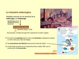 La industria siderúrgica
Notables avances en los sectores de la
siderurgia y la metalurgia
Primeras áreas industriales en Inglaterra
Beneficiados por la
introducción en los
hornos de
El carbón de coque
(Abraham Darby, 1709)
Que permitió, a finales del siglo XIX, abandonar el carbón vegetal
El invento del pudelado (Henry Cort) y del laminado consiguieron producir
un hierro más puro y fácil de trabajar
Se concentraron las fábricas cerca de las minas de carbón
La demanda aumentó con la maquinaria textil y, desde 1830, con la
construcción de ferrocarriles
Ampliación
DOC.5
 