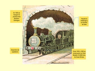 En 1825 se
inauguró la
primera línea
Stockton-
Darlington
Entre 1830 y 1850 se
construyeron en Gran
Bretaña 10.0000 kms.
de líneas férreas.
Desarrollo del
capitalismo
Impulsó la
metalurgia y
la industria
de base
 