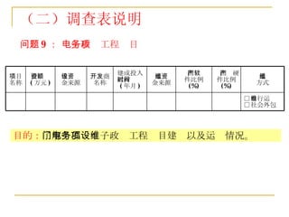 问题 9 ： 电子政务工程项目 目的： 了解个部门电子政务工程项目建设以及运维情况。 （二）调查表说明 开发商 名称 □ 自行运维  □ 社会外包 运维 方式 国产硬 件比例 (%) 国产软 件比例 (%) 运维资 金来源 建成投入 运行时间 ( 年月 ) 建设资 金来源 投资额 ( 万元 ) 项目 名称 