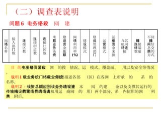 问题 6  ：电子政务网络建设 （二）调查表说明 目  的 ：了解电子政务网络的投资情况、运营模式、覆盖面、应用以及安全等情况。 说明 1 ： “承载业务系统”需要描述各部门（区）在各网络上所承载的业务系统的名称。 说明 2 ： “建设资金总额”应分别填写建设本业务网络的建设资金以及支撑其运行的传输网络的建设费用（或租用运营商网络的费用）两个部分，系统内使用的网络请列清单附后。 连 接 社 区 数 不同 网络 间信 息交 换的 方式 网络 连接 终端 数量 与其 他网 络连 接 运 维 资 金 来 源 运 营 模 式 建 设 管 理 部 门 建 设 模 式 网 络 利 用 率 (%) 建 设 资 金 总 额 承 载 业 务 系 统 连 接 街 道 数 连 接 区 数 接 入 部 门 数 网 络 名 称 