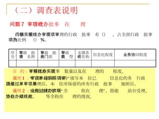 问题 7  ：行政审批事项在线办理 目  的： 了解行政审批事项数量以及在线办理的实现程度。 说明 1 ： “行政审批事项名称”填写本单位已经实现信息化的各项行政审批事项。经过清理后，本单位所保留的所有行政审批事项单独附后。 说明 2 ： “信息化程度”中“全业务过程在线办理”，指能实现前台受理、后台协同处理、办结等全程在线处理的情况。 本部门能够实现在线办理的行政审批事项有（）项，占全部行政审批事项的比例为（） % 。  （二）调查表说明 行政审 批类型 业务协同程度 信息化程度 支撑系 统名称 行政审批 相关部门 行政审批 事项名称 序 号 