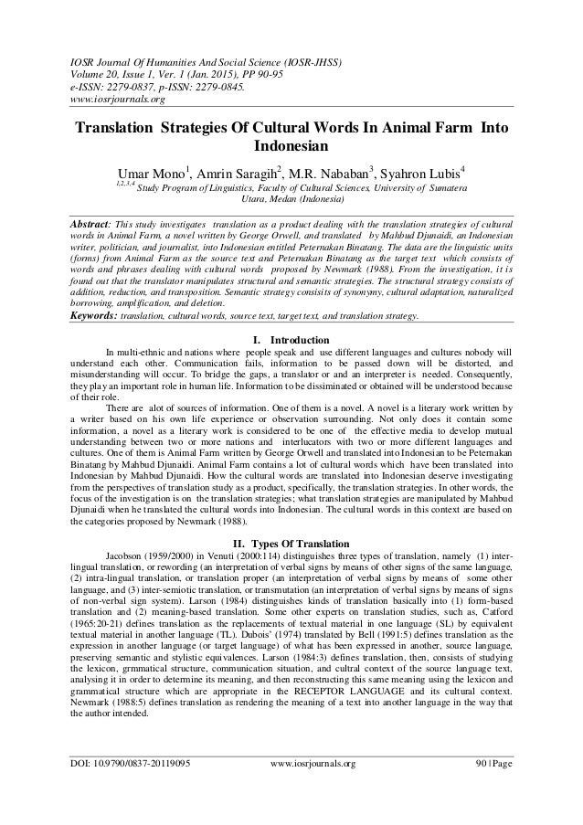 Translation Strategies Of Cultural Words In Animal Farm Into Indonesi