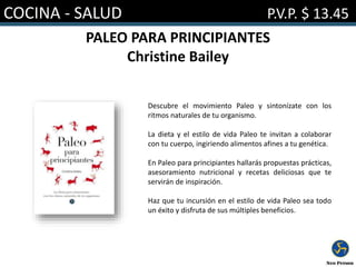 COCINA - SALUD P.V.P. $ 13.45
PALEO PARA PRINCIPIANTES
Christine Bailey
Descubre el movimiento Paleo y sintonízate con los
ritmos naturales de tu organismo.
La dieta y el estilo de vida Paleo te invitan a colaborar
con tu cuerpo, ingiriendo alimentos afines a tu genética.
En Paleo para principiantes hallarás propuestas prácticas,
asesoramiento nutricional y recetas deliciosas que te
servirán de inspiración.
Haz que tu incursión en el estilo de vida Paleo sea todo
un éxito y disfruta de sus múltiples beneficios.
 