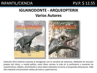 INFANTIL/CIENCIA P.V.P. $ 12.55
IGUANODONTE - ARQUEOPTERIX
Varios Autores
Colección Dino historias conjunta la divulgación con la narrativa de aventuras. Mediante los recursos
propios del cómic, o novela gráfica, estos libros recrean la vida en la prehistoria y muestran las
características, hábitos, alimentación y otros datos relevantes en torno a los grandes dinosaurios. Todo
ello mediante emocionantes relatos de lucha y supervivencia.
 