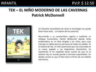 INFANTIL P.V.P. $ 12.50
TEK – EL NIÑO MODERNO DE LAS CAVERNAS
Patrick McDonnell
Un hilarante recordatorio de cómo la tecnología nos puede
llevar hacia atrás... ¡a la época de las cavernas!
Recurriendo a su característico ingenio y mediante un
enfoque humorístico, Patrick McDonnell aborda dicha
problemática en un libro dirigido a los niños, pero cuyo
mensaje es válido para las personas de todas las edades. Es
la historia de Tek, un niño cavernícola que vive encerrado en
su cueva, pegado a sus dispositivos electrónicos. Su
aislamiento le ha impedido darse cuenta de que en el
exterior hay un mundo grande y hermoso esperándolo. Un
detalle curioso es que el libro tiene la forma de una tableta
electrónica.
 