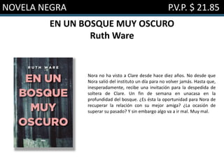 NOVELA NEGRA P.V.P. $ 21.85
EN UN BOSQUE MUY OSCURO
Ruth Ware
Nora no ha visto a Clare desde hace diez años. No desde que
Nora salió del instituto un día para no volver jamás. Hasta que,
inesperadamente, recibe una invitación para la despedida de
soltera de Clare. Un fin de semana en unacasa en la
profundidad del bosque. ¿Es ésta la oportunidad para Nora de
recuperar la relación con su mejor amiga? ¿La ocasión de
superar su pasado? Y sin embargo algo va a ir mal. Muy mal.
 