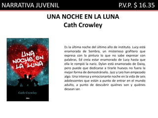 NARRATIVA JUVENIL P.V.P. $ 16.35
UNA NOCHE EN LA LUNA
Cath Crowley
Es la última noche del último año de instituto. Lucy está
enamorada de Sombra, un misterioso grafitero que
expresa con la pintura lo que no sabe expresar con
palabras. Ed creía estar enamorado de Lucy hasta que
ella le rompió la nariz. Dylan está enamorado de Daisy,
pero puede que dedicarse a tirarle huevos no fuera la
mejor forma de demostrárselo. Jazz y Leo han empezado
algo. Una intensa y emocionante noche en la vida de seis
adolescentes que están a punto de entrar en el mundo
adulto, a punto de descubrir quiénes son y quiénes
desean ser.
 