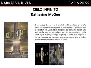 NARRATIVA JUVENIL P.V.P. $ 20.55
CIELO INFINITO
Katharine McGee
Bienvenidos de nuevo a la ciudad de Nueva York, en el año
2119. En la glamurosa supertorre de mil plantas que se alza en
el corazón de Manhattan, millones de personas llevan una
vida en la que los escándalos son los protagonistas. Leda,
Watt, Rylin, Avery y Calliope pugnan por evitar que salgan a la
luz sus mayores secretos, que amenazan con destruirlo todo y
empujar sus idílicas existencias al vacío.
 