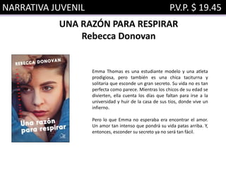 NARRATIVA JUVENIL P.V.P. $ 19.45
UNA RAZÓN PARA RESPIRAR
Rebecca Donovan
Emma Thomas es una estudiante modelo y una atleta
prodigiosa, pero también es una chica taciturna y
solitaria que esconde un gran secreto. Su vida no es tan
perfecta como parece. Mientras los chicos de su edad se
divierten, ella cuenta los días que faltan para irse a la
universidad y huir de la casa de sus tíos, donde vive un
infierno.
Pero lo que Emma no esperaba era encontrar el amor.
Un amor tan intenso que pondrá su vida patas arriba. Y,
entonces, esconder su secreto ya no será tan fácil.
 