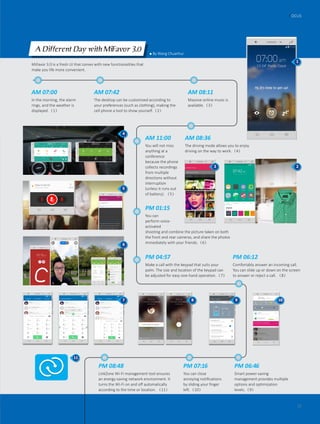 AM 07:00
In the morning, the alarm
rings, and the weather is
displayed.（1）
AM 08:11
Massive online music is
available.（3）
AM 11:00
You will not miss
anything at a
conference
because the phone
collects recordings
from multiple
directions without
interruption
(unless it runs out
of battery). （5）
PM 01:15
You can
perform voice-
activated
PM 04:57
Make a call with the keypad that suits your
palm. The size and location of the keypad can
be adjusted for easy one-hand operation.（7）
PM 06:12
Comfortably answer an incoming call.
You can slide up or down on the screen
to answer or reject a call. （8）
PM 06:46
Smart power-saving
management provides multiple
options and optimization
levels.（9）
PM 07:16
You can close
annoying notifications
by sliding your finger
left.（10）
PM 08:48
LinkZone Wi-Fi management tool ensures
an energy-saving network environment. It
turns the Wi-Fi on and off automatically
according to the time or location. （11）
AM 08:36
The driving mode allows you to enjoy
driving on the way to work.（4）
AM 07:42
The desktop can be customized according to
your preferences (such as clothing), making the
cell phone a tool to show yourself.（2）
1
23
4
5
6
7 8 10
11
9
● By Wang Chuanhui
A Different Day with MiFavor 3.0
MiFavor 3.0 is a fresh UI that comes with new functionalities that
make you life more convenient.
shooting and combine the picture taken on both
the front and rear cameras, and share the photos
immediately with your friends.（6）
FOCUS
15
 