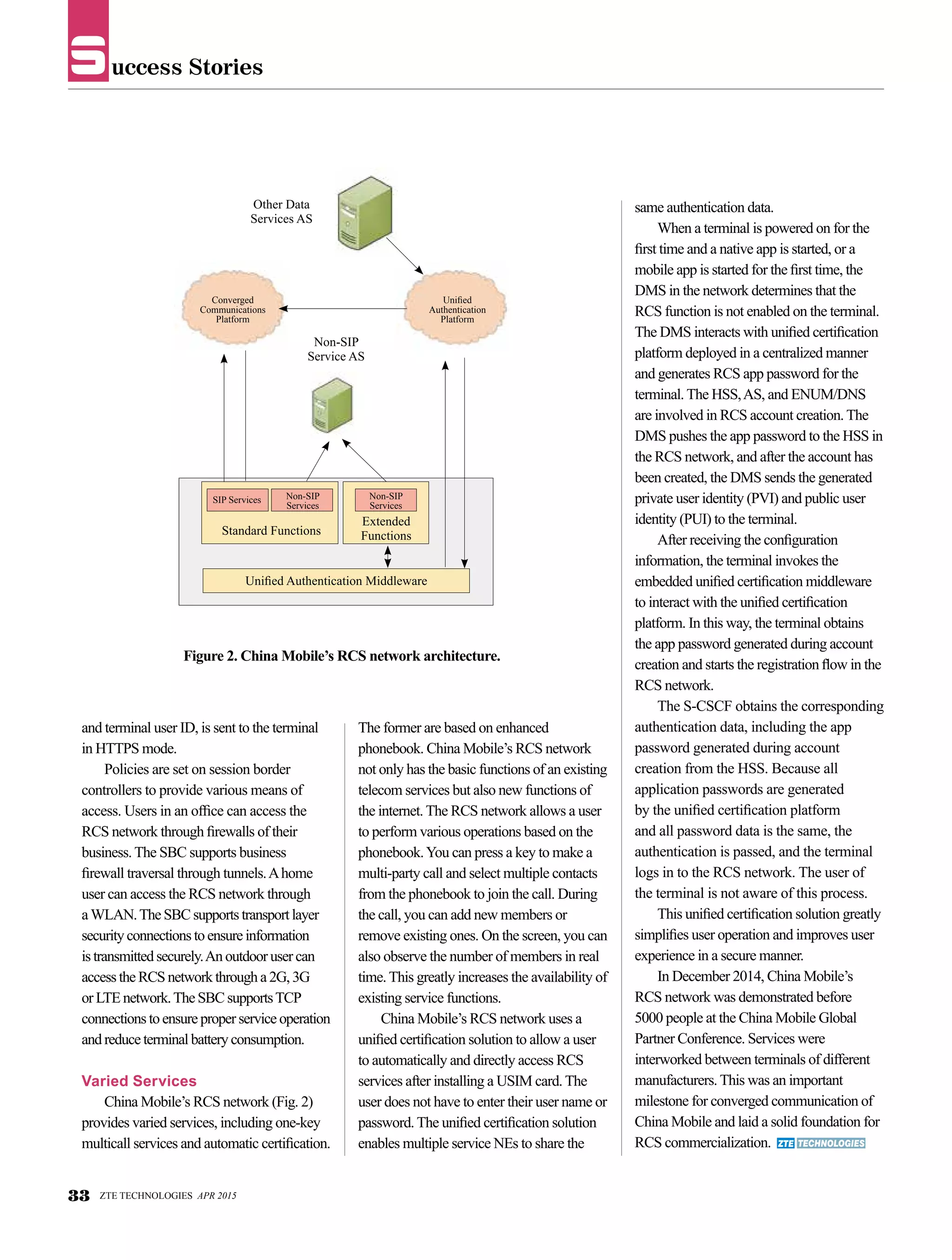 uccess StoriesS
and terminal user ID, is sent to the terminal
in HTTPS mode.
Policies are set on session border
controllers to provide various means of
access. Users in an office can access the
RCS network through firewalls of their
business. The SBC supports business
firewall traversal through tunnels.Ahome
user can access the RCS network through
a WLAN.TheSBC supportstransportlayer
security connections toensureinformation
istransmitted securely.Anoutdoorusercan
access theRCS networkthrougha2G,3G
orLTEnetwork.TheSBCsupportsTCP
connections to ensureproperserviceoperation
andreduceterminalbatteryconsumption.
Varied Services
China Mobile’s RCS network (Fig. 2)
provides varied services, including one-key
multicall services and automatic certification.
same authentication data.
When a terminal is powered on for the
first time and a native app is started, or a
mobile app is started for the first time, the
DMS in the network determines that the
RCS function is not enabled on the terminal.
The DMS interacts with unified certification
platform deployed in a centralized manner
and generates RCS app password for the
terminal. The HSS,AS, and ENUM/DNS
are involved in RCS account creation. The
DMS pushes the app password to the HSS in
the RCS network, and after the account has
been created, the DMS sends the generated
private user identity (PVI) and public user
identity (PUI) to the terminal.
After receiving the configuration
information, the terminal invokes the
embedded unified certification middleware
to interact with the unified certification
platform. In this way, the terminal obtains
the app password generated during account
creation and starts the registration flow in the
RCS network.
The S-CSCF obtains the corresponding
authentication data, including the app
password generated during account
creation from the HSS. Because all
application passwords are generated
by the unified certification platform
and all password data is the same, the
authentication is passed, and the terminal
logs in to the RCS network. The user of
the terminal is not aware of this process.
This unified certification solution greatly
simplifies user operation and improves user
experience in a secure manner.
In December 2014, China Mobile’s
RCS network was demonstrated before
5000 people at the China Mobile Global
Partner Conference. Services were
interworked between terminals of different
manufacturers. This was an important
milestone for converged communication of
China Mobile and laid a solid foundation for
RCS commercialization.
The former are based on enhanced
phonebook. China Mobile’s RCS network
not only has the basic functions of an existing
telecom services but also new functions of
the internet. The RCS network allows a user
to perform various operations based on the
phonebook.You can press a key to make a
multi-party call and select multiple contacts
from the phonebook to join the call. During
the call, you can add new members or
remove existing ones. On the screen, you can
also observe the number of members in real
time. This greatly increases the availability of
existing service functions.
China Mobile’s RCS network uses a
unified certification solution to allow a user
to automatically and directly access RCS
services after installing a USIM card. The
user does not have to enter their user name or
password. The unified certification solution
enables multiple service NEs to share the
Figure 2. China Mobile’s RCS network architecture.
Other Data
Services AS
Non-SIP
Service AS
Standard Functions
Unified Authentication Middleware
Extended
Functions
Converged
Communications
Platform
SIP Services Non-SIP
Services
Non-SIP
Services
Unified
Authentication
Platform
33 ZTE TECHNOLOGIES APR 2015
 