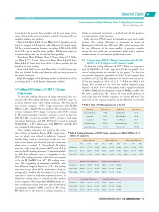 February 2016 Vol.14 No.1 ZTE COMMUNICATIONSZTE COMMUNICATIONS 15
tent can also be used in these profiles. All the new range exten⁃
sions coding tools, except localized control of chroma QP, are
disabled in these two profiles.
Main 4:4:4, Main 4:4:4 10 and Main 4:4:4 12 profiles are de⁃
fined to support 4:4:4 content with different bit depth range.
All the chroma sampling formats, including 4:2:0, 4:4:4, 4:0:0,
and 4:2:2, can be used in these profiles. All the new range ex⁃
tensions coding tools can be used in these profiles.
Main Intra, Main 10 Intra, Main 12 Intra, Main 4:2:2 10 In⁃
tra, Main 4:2:2 12 Intra, Main 4:4:4 Intra, Main 4:4:4 10 Intra,
Main 4:4:4 12 Intra and Main 4:4:4 16 Intra profiles are de⁃
fined for all intra coding.
Main 4:4:4 Still Picture and Main 4:4:4 16 Still Picture pro⁃
files are defined for the case there is only one intra picture in
the whole bitstream.
High Throughput 4:4:4 16 Intra profile is defined for all in⁃
tra coding, with CABAC bypass alignment enabled.
4 Coding Efficiency of HEVC Range
Extensions
To show the coding efficiency of range extensions, this sec⁃
tion provides the coding efficiency results of HEVC range ex⁃
tensions with previous video coding standards. The first part of
this section compares HEVC range extensions with H.264/
MPEG⁃4 AVC High Predictive profiles. The second part of this
section compares HEVC range extensions with HEVC version
1. The latest available reference software is used in the test.
HM⁃16.7 [21] is used to generate HEVC version 1 and range
extensions bitstreams and JM ⁃ 19.0 [22] is used to generate
H.264/MPEG⁃4 AVC bitstreams. Both HM⁃16.7 and JM⁃19.0
are configured with similar settings.
Three coding structures are used in the tests.
One of these is Random Access (RA) coding struc⁃
ture, in which intra refresh is relatively frequent
and the delay is not a critical issue. In the test, ran⁃
dom access points are inserted into the bitstreams
about once a second. A Hierarchical ⁃ B coding
structure with group of pictures (GOP) size of 8 is
used in the RA coding structure. Temporal scalabil⁃
ity with four different layers is supported in the
HEVC RA coding structure, while it is not support⁃
ed in the H.264/MPEG ⁃ 4 AVC RA coding struc⁃
ture. The supporting of temporal scalability with
four different temporal layers in HEVC RA coding
structure brings about 0.3% performance drop on
average [23]. Besides, the low delay (LD) B coding
structure is used for real⁃time communications, in
which the coding delay is critical and the random
access support is less important. IBBB (without pic⁃
ture reordering) coding structure with hierarchical
quantization parameter (QP) is used in LD coding.
The third one is all⁃intra (AI) coding structure, in
which no temporal prediction is applied and all the pictures
use intra⁃picture prediction only.
Only objective PSNR⁃based test results are provided in this
section. The coding efficiency is measured in terms of
Bjøntegaard⁃delta bit rate (BD⁃rate) [24], which measures the
bit rate difference at the same quality. A negative number
means bit rate reduction (performance gain) and a positive
number means bit rate increase (performance loss).
4.1 Comparison of HEVC Range Extensions with H.264/
MPEG􀆼4 AVC High 4:4:4 Predictive Profile
To show the coding efficiency of HEVC RExt, we compare it
with H.264/MPEG⁃4 AVC High 4:4:4 Predictive profile. Two
sets of coding results are provided in this paper. The first test
set uses the sequences specified in HEVC RExt Common Test
Condition (CTC) [25]. The sequences in the first test set are 8-
12 bit per sample, in YUV 4:2:2, YUV 4:4:4 and RGB 4:4:4
format. The second test set uses the Netflix sequence [26],
which is in YUV 4:4:4 10⁃bit format, with a spatial resolution
of 4096 x 2160 and the temporal resolution 60 Hz to reflect the
4K video application. We choose 10 clips (120 pictures in
each clip) from the Netflix sequence to conduct the test. The
start time in the original sequence of the 10 clips is provided
An Introduction to High Efficiency Video Coding Range Extensions
Bin Li and Jizheng Xu
Special Topic
▼Table 1. Clips of Netflix sequence used in the test
Clip name
NarrotorWorking
Vegetable
Vegetable2
PeopleWalking
CouplesDancing
Start time (s)
6.84
39.44
55.34
81.89
115.27
Clip name
CityDayView
FlowerMarket
FoodMarket
AztecRitualDance
Motorcycles
Start time(s)
27.76
46.30
70.53
97.70
133.00
▼Table 2. Coding performance of HEVC range extensions over H.264/MPEG⁃4 AVC
(RExt CTC sequences)
RGB 4:4:4
YCbCr 4:4:4
YCbCr 4:2:2
RGB 4:4:4
YCbCr 4:4:4
YCbCr 4:2:2
RGB 4:4:4
YCbCr 4:4:4
YCbCr 4:2:2
All Intra Main⁃tier
Y/G
−34.7%
−26.4%
−21.4%
Random Access Main⁃tier
−40.1%
−40.0%
−31.9%
Low Delay B Main⁃tier
−39.8%
−45.2%
−37.7%
U/B
−27.2%
−26.0%
−13.5%
−35.5%
−51.2%
−21.7%
−35.1%
−56.1%
−28.4%
V/R
−29.4%
−30.9%
−14.3%
−36.3%
−50.1%
−20.4%
−37.2%
−62.2%
−28.4%
All Intra High⁃tier
Y/G
−28.0%
−25.0%
−18.1%
Random Access High⁃tier
−32.3%
−38.8%
−28.3%
Low Delay B High⁃tier
−30.9%
−42.0%
−32.8%
U/B
−24.2%
−26.9%
−13.9%
−30.3%
−47.9%
−28.1%
−30.6%
−49.3%
−30.7%
V/R
−25.6%
−33.6%
−17.7%
−31.2%
−56.8%
−30.4%
−31.3%
−60.4%
−35.3%
All Intra Super⁃High⁃tier
Y/G
−23.2%
−22.5%
−14.3%
U/B
−20.2%
−27.1%
−12.1%
V/R
−21.3%
−33.9%
−15.3%
 