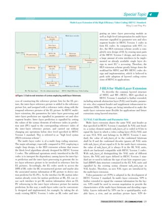 cess of constructing the reference picture lists for the EL pic⁃
ture, the inter⁃layer reference picture is added to the reference
picture list, and assigned with a reference index along with the
temporal reference pictures of the EL picture. In HEVC multi⁃
layer extension, the parameters for inter⁃layer processing and
inter⁃layer prediction are signalled in parameter set and slice
segment header. Inter⁃layer prediction is signalled by setting
the values of the syntax elements of reference index in predic⁃
tion unit (PU) equal to the corresponding reference index of
the inter⁃layer reference picture, and carried out without
changing any operations below slice level specified in HEVC
Version 1 standard. This is referred to as“high level syntax
(HLS) extension scheme”.
The multi⁃layer codec is of a multi⁃loop coding structure.
The major advantage, especially compared to SVC employing a
single ⁃ loop design, is the HLS extension scheme that reuses
the block level algorithms already designed for HEVC Version
1 codec. The additional operations newly introduced to the EL
codec is to interpret the dependency among layers for inter⁃lay⁃
er prediction and the inter⁃layer processing to generate the in⁃
ter⁃layer reference picture to be involved in reference lists for
EL pictures. Accordingly, the EL codec needs to access the
DPB of BL codec for BL reconstructed picture and maybe also
the associated motion information of BL picture to derive mo⁃
tion predictor for EL PUs. As the interface for BL motion infor⁃
mation already exists for motion prediction at BL, EL can re⁃
use such interface to get BL motion information when an EL
PU referencing to the inter⁃layer reference picture for motion
prediction. In this way, a multi⁃layer codec can be convenient⁃
ly designed and implemented, for example, by taking the al⁃
ready existing HEVC Version 1 codec as BL codec and inte⁃
grating an inter ⁃ layer processing module as
well as high⁃level interpretation for multi⁃layer
structure signalled in parameter sets and slice
segment header in HEVC Version 1 codec to
form EL codec. In comparison with SVC co⁃
dec, the HLS extension scheme avoids a com⁃
pletely new design of EL by reusing most parts
of the HEVC Version 1 design, and also saves
a large amount of extra interfaces to be imple⁃
mented on already available single layer de⁃
sign to meet EL’s accessing. Therefore, the
HLS extension scheme greatly brings down the
workload for SHVC and MV⁃HEVC codec de⁃
sign and implementation, which is believed to
push wide adoption of layered coding exten⁃
sions of HEVC to applications.
3 HLS for Multi⁃Layer Extension
To describe the common layered structure
of SHVC and MV ⁃ HEVC, HLS specified in
HEVC Version 1 standard is further extended,
including network abstraction layer (NAL) unit header, parame⁃
ter sets, slice segment header and supplement enhancement in⁃
formation (SEI). New designs are being introduced to make the
multi⁃layer extension more flexible for applications and future
extensions using layered structure.
3.1 NAL Unit Header and Parameter Sets
Multi⁃layer extension shares the same NAL unit header as
that specified in HEVC Version 1 standard. In NAL unit head⁃
er, a syntax element namely nuh_layer_id is coded in 6 bits to
signal the layer to which a video coding layer (VCL) NAL unit
or non⁃VCL NAL unit belongs to. In HEVC Version 1 stan⁃
dard, the value of nuh_layer_id in the conformed bitstream
shall be 0 and the conformed decoder ignores all NAL units
with nuh_layer_id not equal to 0. In the multi⁃layer extension,
the value of nuh_layer_id is always 0 in the BL NAL units,
which are backward⁃compatible with HEVC Version 1 codec.
With nuh_layer_id distinguishing the NAL units of different
layers, the NAL unit types defined in HEVC Version 1 stan⁃
dard are re⁃used to indicate the type of raw byte sequence pay⁃
load (RBSP) data structure contained in the EL NAL units and
signalled by the existing syntax element nuh_unit_type in
NAL header. Therefore, no new NAL types are introduced by
the multi⁃layer extension.
Video parameter set (VPS) is adopted in the development of
HEVC Version 1 standard. In multi ⁃ layer extension, VPS is
further extended to signal the common information for the lay⁃
ers. VPS could be used in session negotiation to provide the
characteristics of the multi⁃layer bitstream and decoding capa⁃
bility. Layers indicated by VPS can be a spatial/quality scal⁃
able layer, a view, and an auxiliary picture layer. VPS de⁃
▲Figure 3. End⁃to⁃end structure of system employing multi⁃layer bitstream.
BL: The base layer EL: the enhancement layer HEVC: High Efficiency Video Coding
Multi⁃layer encoder
Multi⁃layer EL
encoder
Inter⁃layer
processing
HEVC BL
encoder
Pre⁃processing
Bitstream
adaptation
Input video
HEVC BL
decoder
Multi⁃layer EL
decoder
Inter⁃layer
processing
Rendering
Bitstream
extraction
Multi⁃layer decoder
Transmission/
storage
Multi⁃Layer Extension of the High Efficiency Video Coding (HEVC) Standard
Ming Li and Ping Wu
Special Topic
February 2016 Vol.14 No.1 ZTE COMMUNICATIONSZTE COMMUNICATIONS 21
 