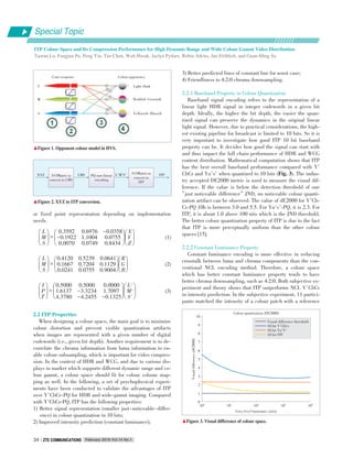 Special Topic
ITP Colour Space and Its Compression Performance for High Dynamic Range and Wide Colour Gamut Video Distribution
Taoran Lu, Fangjun Pu, Peng Yin, Tao Chen, Walt Husak, Jaclyn Pytlarz, Robin Atkins, Jan Fröhlich, and Guan⁃Ming Su
February 2016 Vol.14 No.1ZTE COMMUNICATIONSZTE COMMUNICATIONS34
or fixed point representation depending on implementation
needs.
æ
è
çç
ö
ø
÷÷
L
M
S
=
æ
è
çç
ö
ø
÷÷
0.3592 0.6976 -0.0358
-0.1922 1.1004 0.0755
0.0070 0.0749 0.8434
æ
è
çç
ö
ø
÷÷
X
Y
Z
(1)
æ
è
çç
ö
ø
÷÷
L
M
S
=
æ
è
çç
ö
ø
÷÷
0.4120 0.5239 0.0641
0.1667 0.7204 0.1129
0.0241 0.0755 0.9004
æ
è
çç
ö
ø
÷÷
R
G
B
(2)
æ
è
çç
ö
ø
÷÷
I
P
T
=
æ
è
çç
ö
ø
÷÷
0.5000 0.5000 0.0000
1.6137 -3.3234 1.7097
4.3780 -4.2455 -0.1325
æ
è
çç
ö
ø
÷÷
L'
M'
S'
(3)
2.2 ITP Properties
When designing a colour space, the main goal is to minimize
colour distortion and prevent visible quantization artifacts
when images are represented with a given number of digital
codewords (i.e., given bit depth). Another requirement is to de⁃
correlate the chroma information from luma information to en⁃
able colour subsampling, which is important for video compres⁃
sion. In the context of HDR and WCG, and due to various dis⁃
plays in market which supports different dynamic range and co⁃
lour gamut, a colour space should fit for colour volume map⁃
ping as well. In the following, a set of psychophysical experi⁃
ments have been conducted to validate the advantages of ITP
over Y′CbCr⁃PQ for HDR and wide⁃gamut imaging. Compared
with Y′CbCr⁃PQ, ITP has the following properties:
1) Better signal representation (smaller just⁃noticeable⁃differ⁃
ence) in colour quantization in 10 bits;
2) Improved intensity prediction (constant luminance);
3) Better predicted lines of constant hue for worst case;
4) Friendliness to 4:2:0 chroma downsampling.
2.2.1 Baseband Property in Colour Quantization
Baseband signal encoding refers to the representation of a
linear light HDR signal in integer codewords in a given bit
depth. Ideally, the higher the bit depth, the easier the quan⁃
tized signal can preserve the dynamics in the original linear
light signal. However, due to practical considerations, the high⁃
est existing pipeline for broadcast is limited to 10 bits. So it is
very important to investigate how good ITP 10 bit baseband
property can be. It decides how good the signal can start with
and thus impact the full chain performance of HDR and WCG
content distribution. Mathematical computation shows that ITP
has the best overall baseband performance compared with Y′
CbCr and Yu′v′ when quantized to 10 bits (Fig. 3). The indus⁃
try accepted DE2000 metric is used to measure the visual dif⁃
ference. If the value is below the detection threshold of one
“just noticeable difference”JND, no noticeable colour quanti⁃
zation artifact can be observed. The value of dE2000 for Y′Cb⁃
Cr⁃PQ 10b is between 3.0 and 5.5. For Yu′v′⁃PQ, it is 2.3. For
ITP, it is about 1.0 above 100 nits which is the JND threshold.
The better colour quantization property of ITP is due to the fact
that ITP is more perceptually uniform than the other colour
spaces [15].
2.2.2 Constant Luminance Property
Constant luminance encoding is more effective in reducing
crosstalk between luma and chroma components than the con⁃
ventional NCL encoding method. Therefore, a colour space
which has better constant luminance property tends to have
better chroma downsampling, such as 4:2:0. Both subjective ex⁃
periment and theory shows that ITP outperforms NCL Y′CbCr
in intensity prediction. In the subjective experiment, 11 partici⁃
pants matched the intensity of a colour patch with a reference
▲Figure 1. Opponent colour model in HVS.
▲Figure 2. XYZ to ITP conversion.
L
M
S
Cone response Colour opponency
Light􀆼Dark
Reddish􀆼Greenish
Yellowish􀆼Blueish
3×3Matrix to
convert to LMS
XYZ LMS PQ non⁃linear
encoding
3×3Matrix to
convert to
ITP
L′M′S′ ITP
▲Figure 3. Visual difference of colour space.
10
9
8
7
6
5
4
3
2
1
0
Visualdifference(dE2000)
Grey level luminance (nits)
100
104
103
102
101
Colour quantization (DE2000)
Visual difference threshold
10 bit Y′CbCr
10 bit Yu′V′
10 bit ITP
 