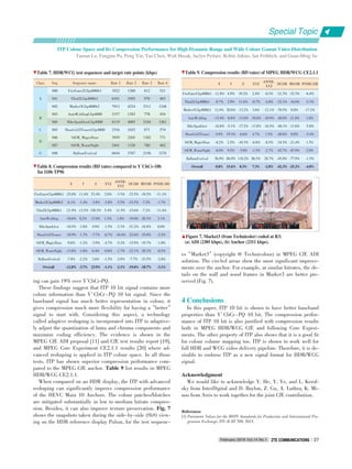 Special Topic
February 2016 Vol.14 No.1 ZTE COMMUNICATIONSZTE COMMUNICATIONS 37
ing can gain 19% over Y′CbCr⁃PQ.
These findings suggest that ITP 10 bit signal contains more
colour information than Y′ CbCr ⁃ PQ 10 bit signal. Since the
baseband signal has much better representation in colour, it
gives compression much more flexibility for having a“better”
signal to start with. Considering this aspect, a technology
called adaptive reshaping is incorporated into ITP to adaptive⁃
ly adjust the quantization of luma and chroma components and
maximize coding efficiency. The evidence is shown in the
MPEG CfE ADI proposal [11] and CfE test results report [19],
and MPEG Core Experiment CE2.1.1 results [20] where ad⁃
vanced reshaping is applied in ITP colour space. In all those
tests, ITP has shown superior compression performance com⁃
pared to the MPEG CfE anchor. Table 9 list results in MPEG
HDR/WCG CE2.1.1.
When compared on an HDR display, the ITP with advanced
reshaping can significantly improve compression performance
of the HEVC Main 10 Anchors. The colour patches/blotches
are mitigated substantially in low to medium bitrate compres⁃
sion. Besides, it can also improve texture preservation. Fig. 7
shows the snapshots taken during the side⁃by⁃side (SbS) view⁃
ing on the HDR reference display Pulsar, for the test sequenc⁃
es“Market3”(copyright @ Technicolour) in MPEG CfE ADI
solution. The circled areas show the most significant improve⁃
ments over the anchor. For example, at similar bitrates, the de⁃
tails on the wall and wood frames in Market3 are better pre⁃
served (Fig. 7).
4 Conclusions
In this paper, ITP 10 bit is shown to have better baseband
properties than Y′ CbCr ⁃ PQ 10 bit. The compression perfor⁃
mance of ITP 10 bit is also justified with compression results
both in MPEG HDR/WCG CfE and following Core Experi⁃
ments. The other property of ITP also shows that it is a good fit
for colour volume mapping too. ITP is shown to work well for
full HDR and WCG video delivery pipeline. Therefore, it is de⁃
sirable to endorse ITP as a new signal format for HDR/WCG
signal.
Acknowledgment
We would like to acknowledge Y. He, Y. Ye, and L. Kerof⁃
sky from InterDigital and D. Baylon, Z. Gu, A. Luthra, K. Mi⁃
noo from Arris to work together for the joint CfE contribution.
ITP Colour Space and Its Compression Performance for High Dynamic Range and Wide Colour Gamut Video Distribution
Taoran Lu, Fangjun Pu, Peng Yin, Tao Chen, Walt Husak, Jaclyn Pytlarz, Robin Atkins, Jan Fröhlich, and Guan⁃Ming Su
▼Table 7. HDR/WCG test sequences and target rate points (kbps)
Class
A
B
C
D
G
Seq
S00
S01
S02
S03
S04
S05
S06
S07
S08
Sequence name
FireEater2Clip4000r1
Tibul2Clip4000r1
Market3Clip4000r2
AutoWeldingClip4000
BikeSparklersClip4000
ShowGirl2TeaserClip4000
StEM_MagicHour
StEM_WarmNight
BalloonFestival
Rate 1
1922
6101
7913
3157
6119
3316
3959
2441
6644
Rate 2
1260
2503
4224
1383
4085
1652
2205
1328
3767
Rate 3
812
970
2311
778
2184
971
1302
780
2156
Rate 4
521
403
1248
454
1261
574
771
462
1276
▼Table 8. Compression results (BD rates) compared to Y'CbCr⁃10b
for I10b TP9b
FireEaterClip4000r1
Market3Clip4000r2
Tibul2Clip4000r1
AutoWelding
BikeSparklers
ShowGirl2Teaser
StEM_MagicHour
StEM_WarmNight
BalloonFestival
Overall
X
⁃25.0%
⁃6.1%
⁃21.9%
⁃10.6%
⁃10.5%
⁃10.9%
⁃9.6%
⁃13.0%
⁃7.8%
⁃12.8%
Y
⁃11.4%
⁃1.4%
⁃13.5%
0.2%
⁃1.0%
⁃1.7%
⁃1.2%
⁃1.0%
⁃2.2%
⁃3.7%
Z
53.4%
⁃3.8%
150.3%
13.0%
4.9%
⁃7.7%
⁃3.9%
6.4%
2.6%
23.9%
XYZ
2.0%
⁃3.8%
5.4%
1.5%
⁃1.5%
⁃6.7%
⁃4.7%
⁃0.8%
⁃1.5%
⁃1.1%
tOSNR⁃
XYZ
⁃3.3%
⁃5.5%
11.5%
1.8%
⁃3.3%
⁃10.4%
⁃5.2%
⁃1.7%
⁃2.8%
⁃2.1%
DE100
⁃23.5%
⁃23.5%
⁃15.6%
⁃19.0%
⁃21.2%
⁃22.6%
⁃15.9%
⁃22.1%
⁃7.7%
⁃19.0%
MD100
⁃19.5%
⁃7.2%
⁃7.2%
⁃20.3%
⁃16.8%
⁃25.8%
⁃19.7%
⁃28.2%
⁃23.5%
⁃18.7%
PSNRL100
⁃11.1%
⁃1.7%
⁃11.4%
3.1%
0.0%
⁃2.2%
⁃1.0%
⁃0.5%
⁃2.8%
⁃3.1%
▼Table 9. Compression results (BD rates) of MPEG HDR/WCG CE2.1.1
FireEaterClip4000r1
Tibul2Clip4000r1
Market3Clip4000r2
AutoWelding
BikeSparklers
ShowGirl2Teaser
StEM_MagicHour
StEM_WarmNight
BalloonFestival
Overall
X
⁃11.8%
⁃8.7%
12.4%
⁃15.4%
⁃16.8%
4.9%
⁃8.2%
⁃6.0%
56.9%
0.8%
Y
4.9%
2.9%
20.6%
⁃0.8%
⁃5.1%
19.3%
2.5%
9.5%
86.9%
15.6%
Z
19.2%
11.6%
⁃13.2%
⁃13.6%
⁃17.2%
⁃6.6%
⁃10.3%
⁃5.0%
110.2%
8.3%
XYZ
2.4%
⁃0.7%
3.6%
⁃10.6%
⁃13.8%
4.7%
⁃6.8%
⁃1.5%
88.5%
7.3%
tOSNR⁃
XYZ
⁃0.3%
⁃4.8%
⁃12.1%
⁃10.9%
⁃16.5%
1.5%
⁃8.5%
⁃2.7%
28.7%
⁃2.8%
DE100
⁃21.3%
⁃22.1%
⁃70.5%
⁃48.0%
⁃48.1%
⁃48.6%
⁃34.5%
⁃42.7%
⁃45.0%
⁃42.3%
MD100
⁃32.3%
⁃16.0%
0.0%
⁃21.8%
⁃11.6%
0.0%
⁃21.4%
⁃45.9%
⁃77.9%
⁃25.2%
PSNRL100
⁃6.4%
⁃5.3%
⁃17.2%
1.8%
⁃5.0%
⁃5.4%
1.3%
2.0%
⁃1.5%
⁃4.0%
▲Figure 7. Market3 (from Technicolor) coded at R3:
(a) ADI (2305 kbps), (b) Anchor (2311 kbps).
References
[1] Parameter Values for the HDTV Standards for Production and International Pro⁃
gramme Exchange, ITU⁃R BT.709, 2015.
 