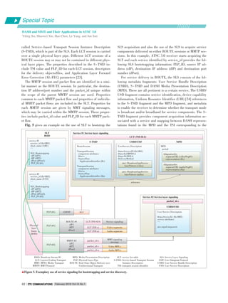 called Service⁃based Transport Session Instance Description
(S⁃TSID), which is part of the SLS. Each LCT session is carried
over a single physical layer pipe. Different LCT sessions of a
ROUTE session may or may not be contained in different phys⁃
ical layer pipes. The properties described in the S ⁃ TSID in⁃
clude TSI value and PLP_ID for each LCT session, descriptors
for the delivery objects/files, and Application Layer Forward
Error Correction (AL⁃FEC) parameters [23].
The MMTP session and packet flow are identified in a simi⁃
lar manner as the ROUTE session. In particular, the destina⁃
tion IP address/port number and the packet_id unique within
the scope of the parent MMTP session are used. Properties
common to each MMTP packet flow and properties of individu⁃
al MMTP packet flows are included in the SLT. Properties for
each MMTP session are given by MMT signaling messages,
which may be carried within the MMTP session. These proper⁃
ties include packet_id value and PLP_ID for each MMTP pack⁃
et flow.
Fig. 5 gives an example on the use of SLT to bootstrap the
SLS acquisition and also the use of the SLS to acquire service
components delivered on either ROUTE sessions or MMTP ses⁃
sions. In this example, ATSC 3.0 receiver starts acquiring the
SLT and each service identified by service_id provides the fol⁃
lowing SLS bootstrapping information: PLP_ID, source IP ad⁃
dress (sIP), destination IP address (dIP) and destination port
number (dPort).
For service delivery in ROUTE, the SLS consists of the fol⁃
lowing metadata fragments: User Service Bundle Description
(USBD), S ⁃ TSID and DASH Media Presentation Description
(MPD). These are all pertinent to a certain service. The USBD/
USD fragment contains service identification, device capability
information, Uniform Resource Identifier (URI) [24] references
to the S⁃TSID fragment and the MPD fragment, and metadata
to enable the receiver to determine whether the transport mode
is broadcast and/or broadband for service components. The S⁃
TSID fragment provides component acquisition information as⁃
sociated with a service and mapping between DASH represen⁃
tations found in the MPD and the TSI corresponding to the
BSID: Broadcast Stream ID
LCT: Layered Coding Transport
MMT: MPEG Media Transport
MMTP: MMT Protocol
MPD: Media Presentation Description
PLP: Physical Layer Pipe
ROUTE: Real⁃Time Object Delivery over
Unidirectional Transport
SLT: service list table
S⁃TSID: Service⁃based Transport Session
Instance Description
TSI: transport session identifier
SLS: Service Layer Signaling
UDP: User Datagram Protocol
USBD: User Service Bundle Description
USD: User Service Description
▲Figure 5. Exemplary use of service signaling for bootstrapping and service discovery.
service #1
service_id (0x1001)
short_name (ABC)
…
SLS_Bootstrapping
sIP (sIP1)
dIP (dIP1)
dPort (dPort1)
PLP_ID (#1)
service #2
service_id (0x1002)
short_name (XYZ)
…
SLS_Bootstrapping
sIP (sIP2)
dIP (dIP2)
dPort (dPort2)
PLP_ID (#2)
SLT
BSID
RouteSession
TransportSession
component attributes
@tsi⁃v
SourceFlow
ApplicationIdentifier (Rv)
TransportSession
component attributes
@tsi⁃a
SourceFlow
ApplicationIdentifier (Ra)
S⁃TSID
atsc: BroadcastAppService
basePattern (video)
atsc: BroadcastAppService
basePattern (audio)
UserService Description
@atscServiceID (0x1001)
@atscFullMPDUri
@atscSLSIDUri
DeliveryMethod
USBD/USD
AdaptationSet
segmentURL (audio/Seg#1)
representation (Ra)
AdaptationSet
segmentURL (video/Seg#1)
representation (Rv)
MPD
period
MPD
reference
LCT (TSI⁃SLS)
Service #1 Service layer signaling
LCT (TSI⁃v) Video segments
LCT (TSI⁃a) Audio segments
LCT (TSI⁃SLS) Service signalingROUTE #1
sIP1
dIP1
dPort1
PLP (#1)
packet_id⁃v Video MPUs
packet_id⁃a Audio MPUs
packet_id⁃s MMT signaling
messageMMTP #2
sIP2
dIP2
dPort2
PLP (#2)
Physical
layer
frame
(BSID)
PLP (#1) UDP/IP SLT User Service Description
@atscServiceId (0x1002)
service attributes
…
atsc:mpuComponent
USBD/USD
packet_id⁃s
Service #2 Service layer signaling
Special Topic
DASH and MMT and Their Applications in ATSC 3.0
Yiling Xu, Shaowei Xie, Hao Chen, Le Yang, and Jun Sun
February 2016 Vol.14 No.1ZTE COMMUNICATIONSZTE COMMUNICATIONS42
 