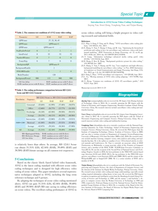 February 2016 Vol.14 No.1 ZTE COMMUNICATIONSZTE COMMUNICATIONS 53
is relatively lower than others. In average, RD 12.0.1 Scene
can obtain 31.31% (LD), 42.16% (RAB), 39.49% (RAF) and
39.50% (RAP) bitrate savings on all common test sequences.
5 Conclusions
Based on the classic block⁃based hybrid video framework,
AVS2 is the latest coding standard with efficient scene video
coding techniques and is designed for high efficiency video
coding of scene videos. This paper introduces several represen⁃
tative techniques adopted in AVS2, including the long ⁃ term
reference technique and S picture.
By adopting the techniques of scene video coding mentioned
above, AVS2 can gain 31.31% (LD), 42.16% (RAB), 39.49%
(RAF) and 39.50% (RAP) BD⁃rate saving in coding efficiency
on scene videos. The excellent coding performance of AVS2 in
scene videos coding will bring a bright prospect in video cod⁃
ing research and industrial fields.
Introduction to AVS2 Scene Video Coding Techniques
Jiaying Yan, Siwei Dong, Yonghong Tian, and Tiejun Huang
Special Topic
▼Table 2. The common test conditions of AVS2 scene video coding
References
[1] L. Zhao, S. Dong, P. Xing, and X. Zhang,“AVS2 surveillance video coding plat⁃
form,”AVS M3221, Dec. 2013.
[2] X. Zhang, Y. Tian, T. Huang, S. Dong, and W. Gao,“Optimizing the hierarchical
prediction and coding in hevc for surveillance and conference videos with back⁃
ground modeling,”IEEE Transaction on Image Processing, vol. 23, no.10, pp.
4511-4526, Oct. 2014. doi: 10.1109/TIP.2014.2352036.
[3] F. Liang, “Information technology—advanced media coding part2: video
(FCD4),”AVS N2216, Sept. 2015.
[4] R. Wang, Z. Ren, H. Wang,“Background⁃predictive picture for video coding,”
AVS M2189, Dec. 2007.
[5] X. Zhang, Y. Tian, T. Huang, and W. Gao,“Low⁃complexity and high⁃efficiency
background modelling for surveillance video coding,”in Proc. IEEE Internation⁃
al Conference on Visual Communication and Image Processing, San Diego, USA,
Nov. 2012, pp. 1-6. doi: 10.1109/VCIP.2012.6410796.
[6] S. Dong, L. Zhao,“AVS2 surveillance test sequences,”AVS M3168, Sept. 2013.
[7] L. Yu,“Meeting summary of AVS2 video coding subgroup,”AVS N1998, Sept.
2013.
[8] X. Zheng,“Common test conditions of AVS2 ⁃ P2 surveillance profile,”AVS
N2217, Sept. 2015.
Manuscript received: 2015⁃11⁃25
Jiaying Yan (yanjiaying@pku.edu.cn) received the BS degree from Beijing Institute
of Technology, China in 2014. He is currently pursuing the MS degree with the
School of Electronic and Computer Engineering, Shenzhen Graduate School, Peking
University, China. His research interests include surveillance video coding and mul⁃
timedia learning.
Siwei Dong (swdong@pku.edu.cn) received the B.S. degree from Chongqing Univer⁃
sity, China in 2012. He is currently pursuing the PhD degree with the School of
Electronics Engineering and Computer Science, Peking University, China. His re⁃
search interests include video coding and multimedia learning.
Yonghong Tian (yhtian@pku.edu.cn) is currently a professor with the National Engi⁃
neering Laboratory for Video Technology, School of Electronics Engineering and
Computer Science, Peking University, China. He received the PhD degree from the
Institute of Computing Technology, Chinese Academy of Sciences, China in 2005,
and was also a visiting scientist at Department of Computer Science/Engineering,
University of Minnesota, USA from November 2009 to July 2010. His research inter⁃
ests include machine learning, computer vision, video analysis and coding, and mul⁃
timedia big data. He is the author or coauthor of over 110 technical articles in refer⁃
eed journals and Conferences. Dr. Tian is currently an associate editor of IEEE
Transactions on Multimedia, a young associate editor of the Frontiers of Computer
Science, and a member of the IEEE TCMC⁃TCSEM Joint Executive Committee in
Asia (JECA). He was the recipient of the Second Prize of National Science and Tech⁃
nology Progress Awards in 2010, the best performer in the TRECVID content⁃based
copy detection (CCD) task (2010-2011), the top performer in the TRECVID retro⁃
spective surveillance event detection (SED) task (2009-2012), and the winner of the
WikipediaMM task in ImageCLEF 2008. He is a senior member of IEEE and a
member of ACM.
Tiejun Huang (tjhuang@pku.edu.cn) is a professor with the School of Electronic En⁃
gineering and Computer Science, the chair of Department of Computer Science and
the director of the Institute for Digital Media Technology, Peking University, China.
His research areas include video coding and image understanding, especially neural
coding inspired information coding theory in last years. He received the PhD degree
in pattern recognition and intelligent system from the Huazhong (Central China) Uni⁃
versity of Science and Technology in 1998, and the master’s and bachelor’s de⁃
grees in computer science from the Wuhan University of Technology in 1995 and
1992, respectively. Professor Huang received the National Science Fund for Distin⁃
guished Young Scholars of China in 2014. He is a member of the Board of the Chi⁃
nese Institute of Electronics, the Board of Directors for Digital Media Project and
the Advisory Board of IEEE Computing Now.
BiographiesBiographies
LD: low delay
RAB: random access with B slices
RAF: random access with F slices
RAP: random access with P slices
Parameter
QPIFrame
QPPFrame
QPBFrame
SeqHeaderPeriod
IntraPeriod
NumberBFrames
FrameSkip
BackgroundQP
BackgroundEnable
FFRAMEEnable
ModelNumber
BackgroundPeriod
LD
27, 32, 38, 45
QPIFrame+1
⁃
0
0
0
0
QPIFrame⁃9
1
1
120
900
RAB
QPIFrame+4
1
32
7
7
1
112
RAF
⁃
1
32
0
0
1
900
RAP
⁃
1
32
0
0
0
900
▼Table 3. The coding performance comparison between RD 12.0.1
Scene and RD 12.0.1 General
Resolution
720×576
1600×1200
All
Sequence
Crossroad
Office
Overbridge
Average
Intersection
Mainroad
Average
Average
RD 12.0.1 Scene vs. RD 12.0.1 General (BD⁃Rate)
LD
⁃25.64%
⁃12.66%
⁃34.10%
⁃24.13%
⁃22.46%
⁃61.68%
⁃42.07%
⁃31.31%
RAB
⁃41.99%
⁃26.77%
⁃63.58%
⁃44.11%
⁃22.06%
⁃56.42%
⁃39.24%
⁃42.16%
RAF
⁃37.48%
⁃23.77%
⁃59.50%
⁃40.25%
⁃21.19%
⁃55.52%
⁃38.36%
⁃39.49%
RAP
⁃38.07%
⁃24.10%
⁃59.51%
⁃40.56%
⁃19.91%
⁃55.90%
⁃37.90%
⁃39.50%
BD: Bjøntegaard⁃Delta
RD: Reference Design
LD: low delay
RAB: random access with B slices
RAF: random access with F slices
RAP: random access with P slices
 