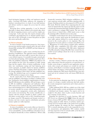 based declaration language to define and implement network
policy. LiveCloud [19] further addresses the integration of
hardware networking devices in clouds. It uses both hardware
and software switches to compose the access layer for various
resources.
Reviewing these existing approaches, it can be observed
that traffic is almost always isolated at the network edge, where
the bulk of computing resources can be used for complex pro⁃
cessing logic. At the same time, this requires dynamic policy
coordination and deployment for on ⁃ demand stateful inspec⁃
tion, such as NFV⁃ed firewall, to ensure that policies are glob⁃
ally correct and locally conflict⁃free.
4.2 Threat to Integrity
In terms of integrity in the broader perspective, deep inspec⁃
tion prevents intrusion and/or extrusion and is the most critical
demand [20], including NFV⁃ed IDS/IPS and data leakage pre⁃
vention (DLP).
Player [2] introduces a policy⁃aware switching layer for de⁃
ployment of middleboxes. This approach removes middleboxes
from traffic paths and steers traffic to traverse these devices in
a user⁃defined sequence. It essentially decouples network poli⁃
cies from physical topology, which introduces much more flexi⁃
bility into middlebox deployment. SIMPLE [21] addresses the
same problem but also solves the problems of traffic routing
loops and the negative effects of packet modification. It also
takes into consideration routing and load balancing given
switch constraints. A reliable solution for dynamic middlebox
actions, FlowTags [22] designs a tagging scheme that exposes
the internal mapping of flows before and after middlebox pro⁃
cessing. The introduced tags can be recognized and leveraged
by SDN switches to compose service chains.
On the control plane level, Stratos [23] proposes a frame⁃
work for middlebox orchestration according to workload varia⁃
tion. Tackling the closed middlebox implementation in Stratos,
OpenNF [24] abstracts the middlebox API and designs a series
of APIs for middlebox configuration and notification. These
APIs can be used to coordinate the state control of both middle⁃
boxes and forwarding devices. SDSA [25] introduces a dedicat⁃
ed security controller for security⁃related functionalities, such
as security device management, security policy deployment,
and security event monitoring. The security controller also co⁃
operates with the network controller to obtain a global view
and enforce security policies such as ACL. Considering topolo⁃
gy changes caused by VM migration and dynamic resource re⁃
location, real⁃time security capacity redistribution and policy
instance update are vitally important.
4.3 Threat to Availability
In terms of availability, most security efforts are directed to⁃
wards DoS/DDoS mitigation. To counter attacks and prevent
service unavailability, security middleboxes and policies are of⁃
ten deployed dynamically on these middleboxes. DFence [26]
dynamically instantiates DDoS mitigation middleboxes, inter⁃
cepts suspicious network traffic, and filters attacking traffic. A
dynamic throttling method was also proposed in [27] to prevent
DoS attack. With this method, flows originating from the same
client are limited when the request rate from the client exceeds
a dynamically determined threshold. Pushback [28] has a coop⁃
erative mechanism to mitigate DDoS attacks. The rate of up⁃
stream devices is limited when a DDoS attack occurs so that
the attacking traffic is blocked near its entry point.
Availability security threats have diverse mechanisms for ev⁃
ery specific scenario, which means the identification of suspi⁃
cious traffic patterns (defined by security operators and ex⁃
pressed in the security policy) is very important. Thus, the
management of security policies is central to intra⁃DCN securi⁃
ty. Management of security policies includes policy definition
[29], [30], policy compilation [31], [32], policy assignment
[33], [34], policy optimization [35], [36], policy deployment
[37], [38], and policy lookup [39], [40]. Some research has de⁃
scribed several roadmaps ahead, but so far no consensus has
been reached.
5 The Three Stages
Security is mostly a defensive practice that takes charge of
policy enforcement. From the perspective of control theory, ar⁃
ticulate system design is required to meet application require⁃
ments, where sensors and actuators are versatile for real time
response, and feedback is essential to constantly adapt the situ⁃
ational changes and improve control quality. Many security ap⁃
proaches targeting the SDN⁃based cloud DCN have been pro⁃
posed and can be evaluated in the well⁃known PDR lifecycle
model.
5.1 Protection Stage
In the protection (or planning) stage, the key to intra⁃DCN
security is to design a suitable architecture that both satisfies
the security management requirements and is future⁃proof to a
certain extent.
Unlike traditional DCN, SDN has a global view of the cloud
DCN, and thus enables security mechanisms to be deployed in
a distributed and dynamic manner. Two aspects need to be
weighed in this phase: where to place security functions and
how to manage security policies.
Regarding the placement of security functions, SDN and
NFV devices are orthogonal [41]. Table 1 shows the main dif⁃
ferences between SDN and NFV. SDN focuses on network for⁃
warding, mainly for traffic delivery. It performs stateless pro⁃
cessing of L2⁃L3 network traffic at the packet level according
to network topology. By contrast, the basic responsibility of
NFV is network monitoring, and it is also responsible for secu⁃
rity, measurement, and optimization. NFV conducts stateful
and deep inspection of L4⁃L7 network traffic at the flow level
according to resources and policies.
Review
From CIA to PDR: A Top⁃Down Survey of SDN Security for Cloud DCN
Zhi Liu, Xiang Wang, and Jun Li
February 2016 Vol.14 No.1 ZTE COMMUNICATIONSZTE COMMUNICATIONS 57
 