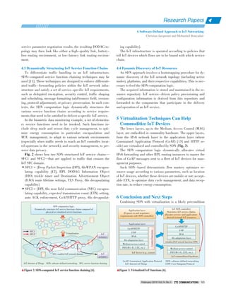 service parameter negotiation results, the resulting DODAG to⁃
pology may then look like either a high⁃quality link, battery⁃
free routing environment, or low⁃latency link routing environ⁃
ment.
4.3 Dynamically Structuring IoT Service Function Chains
To differentiate traffic handling in an IoT infrastructure,
SDN ⁃ computed service function chaining techniques may be
used [11]. These techniques are designed to enforce differenti⁃
ated traffic ⁃ forwarding policies within the IoT network infra⁃
structure and satisfy a set of service⁃specific IoT requirements,
such as delegated encryption, security control, traffic shaping
and scheduling, message formatting (add/remove field, version⁃
ing, protocol adjustment), or privacy preservation. In such con⁃
texts, the SDN computation logic dynamically structures the
various service function chains according to service require⁃
ments that need to be satisfied to deliver a specific IoT service.
In the biometric data monitoring example, a set of elementa⁃
ry service functions need to be invoked. Such functions in⁃
clude sleep mode and sensor duty cycle management, to opti⁃
mize energy consumption in particular; encapsulation and
MTU management, to adapt to various network environments
(especially when traffic needs to reach an IoT controller locat⁃
ed upstream in the network); and security management, to pre⁃
serve data privacy.
Fig. 2 shows how two SDN⁃structured IoT service chains—
SFC1 and SFC2—that are applied to traffic that crosses the
IoT SFC domain.
•SFC1 = {Deep Packet Inspection (DPI), 6loWPAN encapsu⁃
lating capability [12], RPL DODAG Information Object
(DIO) trickle timer and Destination Advertisement Object
(DAO) route lifetime settings, TLS Proxy, 6lo decapsulating
capability}
•SFC2 = {DPI, 6lo near field communication (NFC) encapsu⁃
lating capability, expected transmission count (ETX) setting,
auto ACK enforcement, CoAP/HTTP proxy, 6lo decapsulat⁃
ing capability}.
The IoT infrastructure is operated according to policies that
tell IoT devices which flows are to be bound with which service
chain.
4.4 Dynamic Discovery of IoT Resources
An SDN approach involves a bootstrapping procedure for dy⁃
namic discovery of the IoT network topology (including active
nodes), platforms, and their respective capabilities. This is nec⁃
essary to feed the SDN computation logic.
The acquired information is stored and maintained in the re⁃
source repository. IoT service ⁃ driven policy provisioning and
configuration information is derived from this repository and
forwarded to the components that participate in the delivery
and operation of an IoT service.
5 Virtualization Techniques Can Help
Commoditize IoT Devices
The lower layers, up to the Medium Access Control (MAC)
layer, are embedded in commodity hardware. The upper layers,
from the IPv6 network layer to the application layer (where
Constrained Application Protocol (CoAP) [13] and HTTP re⁃
side) are virtualized and controlled by SDN (Fig. 3).
The SDN computation logic dynamically allocates virtual
IPv6 forwarding and other RPL routing instances to master the
flow of CoAP messages sent to a fleet of IoT devices for man⁃
agement purposes.
Such SDN ⁃ based deterministic flow mastery optimizes re⁃
source usage according to various parameters, such as location
of IoT devices, whether these devices are mobile or not; accept⁃
able ETX, to optimize duty cycle management; and data recep⁃
tion rate, to reduce energy consumption.
6 Conclusion and Next Steps
Combining SDN with virtualization is a likely precondition
IoT: Internet of Things SDN: software⁃defined networking SFC: service function chaining
CoAP: Constrained Application Protocol
IoT: Internet of Things
SDN: software⁃defined networking
UDP: User Datagram Protocol
▲Figure 2. SDN⁃computed IoT service function chaining [6]. ▲Figure 3. Virtualized IoT functions [6].
IoT
actuator
IoT
actuator
SFC􀆼enabled IoT network domain
SFC1
SFC2 Virtualization
SDN computation logic:
Dynamically structures IoT service functions chains composed of
physical or virtualized service functions
PHY(Wi􀆼Fi, LTE, etc.)
Medium access control
6lo adaptation layer
IPv6
UDP
CoAP/HTTP
Controlfunctions
Application layer
IoT device (e.g., sensor)
Application layer
(Exposes to and negotiates
requirements with SDN controller)
6lo adaptation layer
IPv6
UDP
CoAP/HTTP
virtualized IoT network functions (S/W)
PHY(Wi􀆼Fi, LTE, etc.)
Medium access control
IoT commoditized hardware
IoT SDN controller:
Structures IoT service chains,
allocates service􀆼and application􀆼
derived (virtual) IoT resources
A Software⁃Defined Approach to IoT Networking
Christian Jacquenet and Mohamed Boucadair
Research Papers
February 2016 Vol.14 No.1 ZTE COMMUNICATIONSZTE COMMUNICATIONS 65
 