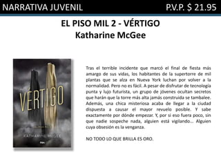 NARRATIVA JUVENIL P.V.P. $ 21.95
EL PISO MIL 2 - VÉRTIGO
Katharine McGee
Tras el terrible incidente que marcó el final de fiesta más
amargo de sus vidas, los habitantes de la supertorre de mil
plantas que se alza en Nueva York luchan por volver a la
normalidad. Pero no es fácil. A pesar de disfrutar de tecnología
punta y lujo futurista, un grupo de jóvenes ocultan secretos
que harán que la torre más alta jamás construida se tambalee.
Además, una chica misteriosa acaba de llegar a la ciudad
dispuesta a causar el mayor revuelo posible. Y sabe
exactamente por dónde empezar. Y, por si eso fuera poco, sin
que nadie sospeche nada, alguien está vigilando... Alguien
cuya obsesión es la venganza.
NO TODO LO QUE BRILLA ES ORO.
 