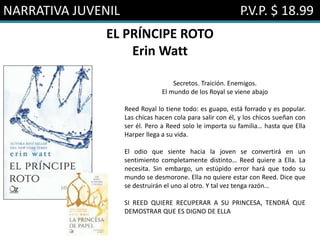 NARRATIVA JUVENIL P.V.P. $ 18.99
EL PRÍNCIPE ROTO
Erin Watt
Secretos. Traición. Enemigos.
El mundo de los Royal se viene abajo
Reed Royal lo tiene todo: es guapo, está forrado y es popular.
Las chicas hacen cola para salir con él, y los chicos sueñan con
ser él. Pero a Reed solo le importa su familia… hasta que Ella
Harper llega a su vida.
El odio que siente hacia la joven se convertirá en un
sentimiento completamente distinto… Reed quiere a Ella. La
necesita. Sin embargo, un estúpido error hará que todo su
mundo se desmorone. Ella no quiere estar con Reed. Dice que
se destruirán el uno al otro. Y tal vez tenga razón…
SI REED QUIERE RECUPERAR A SU PRINCESA, TENDRÁ QUE
DEMOSTRAR QUE ES DIGNO DE ELLA
 