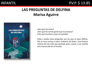 INFANTIL P.V.P. $ 13.85
LAS PREGUNTAS DE DELFINA
Marisa Aguirre
¿Por qué me miran?
¿Por qué me sonríe gente que no conozco?
¿Por qué me dicen cosas sin sentido?
Estas y tantas otras preguntas son las que se hace Delfina.
Ella es muy curiosa y tiene síndrome de Down. Una historia
sincera de una niña que aprende paso a paso y nos enseña
otra manera de ver el mundo.
 