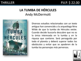 THRILLER                                    P.V.P. $ 22.00

           LA TUMBA DE HÉRCULES
               Andy McDermott

                 Diversos estudios relacionados con un texto
                 antiguo han convencido a la arqueóloga Nina
                 Wilde de que la tumba de Hércules existe.
                 Cuando decide buscarla descubre que no es
                 la única interesada en la tumba y en la
                 riqueza que contiene. Será perseguida por
                 todo el planeta y deberá superar todos los
                 obstáculos y evitar que se apoderen de la
                 tumba los personajes más perversos.
 