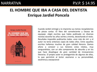NARRATIVA P.V.P. $ 14.95
EL HOMBRE QUE IBA A CASA DEL DENTISTA
Enrique Jardiel Poncela
Cuando Jardiel entregó a la imprenta sus tomos recopilatorios
de piezas cortas -El libro del convaleciente y Exceso de
equipaje- eligió escritos que había publicado en diversas
revistas durante los años veinte y treinta, desechando el resto.
Resultaba imposible publicarlos todos -eran más de mil- y el
autor no tenía entonces copia de todos ellos. Entre aquellos
escritos hallamos muchos de gran calidad literaria. Damos
ahora a conocer a sus lectores estos relatos, muy
vanguardistas, con un alto componente de absurdo y en los
que hace despliegue de gran cantidad de innovaciones
literarias. El propio autor es protagonista de algunos de ellos,
lo que permitirá al lector asomarse a su personalidad,
excéntrica y excepcional
 