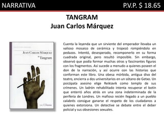 NARRATIVA P.V.P. $ 18.65
TANGRAM
Juan Carlos Márquez
Cuenta la leyenda que un sirviente del emperador llevaba un
valioso mosaico de cerámica y tropezó rompiéndolo en
pedazos. Intentó, desesperado, recomponerlo en su forma
cuadrada original, pero resultó imposible. Sin embargo,
observó que podía formar muchas otras y fascinantes figuras
con los fragmentos. Así sucede a menudo a quienes poseen el
don de la narración, y así ocurre con las historias que
conforman este libro. Una obesa mórbida, antigua diva del
teatro, encierra a dos universitarios en un sótano de Getxo. Un
psicópata asesino elige Reikiavik como templo de sus
crímenes. Un ladrón rehabilitado intenta recuperar el botín
que enterró años atrás en una zona indeterminada de la
periferia de Londres. Un mafioso recién llegado a un pueblo
calabrés consigue ganarse el respeto de los ciudadanos a
quienes extorsiona. Un detective se debate entre el deber
policial y sus obsesiones sexuales.
 