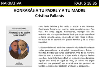 NARRATIVA P.V.P. $ 18.85
HONRARÁS A TU PADRE Y A TU MADRE
Cristina Fallarás
«Me llamo Cristina y he salido a buscar a mis muertos.
Caminando. Buscar a mis muertos para no matarme yo. ¿Para
vivir? No estoy segura. Convocarlos, dialogar con mis
muertos.» La protagonista de este libro, que no por casualidad
se llama como la autora, emprende un viaje –físico e íntimo–
en busca de los secretos del pasado familiar y de su propia
identidad.
La búsqueda llevará a Cristina a tirar del hilo de las historias de
varias generaciones, a descubrir desapariciones, huidas y
muertes, heridas que nunca cicatrizaron. Uno de los mayores
silencios que la rodean es el que atañe a algunos hechos
sucedidos durante la Guerra Civil: un fusilamiento en Zaragoza,
alguien que murió en lugar de otro, un alférez de origen
mexicano que presenció ese acto bárbaro, dos personas de
bandos contrarios que acabaron unidas en la posguerra...
 