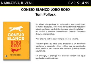 NARRATIVA JUVENIL P.V.P. $ 14.95
CONEJO BLANCO LOBO ROJO
Tom Pollock
Un adolescente genio de las matemáticas, que podría tener
el mundo a sus pies… si no fuera por sus terribles ataques de
pánico que hacen que la única forma de sobrevivir al día a
día sea con la ayuda de su madre –una científica famosa– y
de su hermana melliza.
Pero ellas no podrán estar siempre ahí para salvarlo.
Y cuando pierda su ancla y sea arrastrado a un mundo de
traiciones y espionaje, deber utilizar sus extraordinarias
dotes analíticas para rastrear a las personas que destruyeron
a su familia.
Sin embargo, el enemigo más difícil de vencer será aquel
que lo ataca desde adentro.
 
