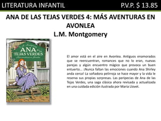 LITERATURA INFANTIL P.V.P. $ 13.85
ANA DE LAS TEJAS VERDES 4: MÁS AVENTURAS EN
AVONLEA
L.M. Montgomery
El amor está en el aire en Avonlea. Antiguos enamorados
que se reencuentran, romances que no lo eran, nuevas
parejas y algún encuentro mágico que provoca un buen
entuerto... ¡Nunca faltan las emociones cuando Ana Shirley
anda cerca! La soñadora pelirroja se hace mayor y la vida le
reserva sus propias sorpresas. Las peripecias de Ana de las
Tejas Verdes, una saga clásica ahora revisada y actualizada
en una cuidada edición ilustrada por Maria Llovet.
 